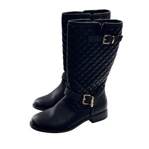 Skechers Girls Black Quilted Knee-High Boots With Gold Buckles & Side Zippers -
